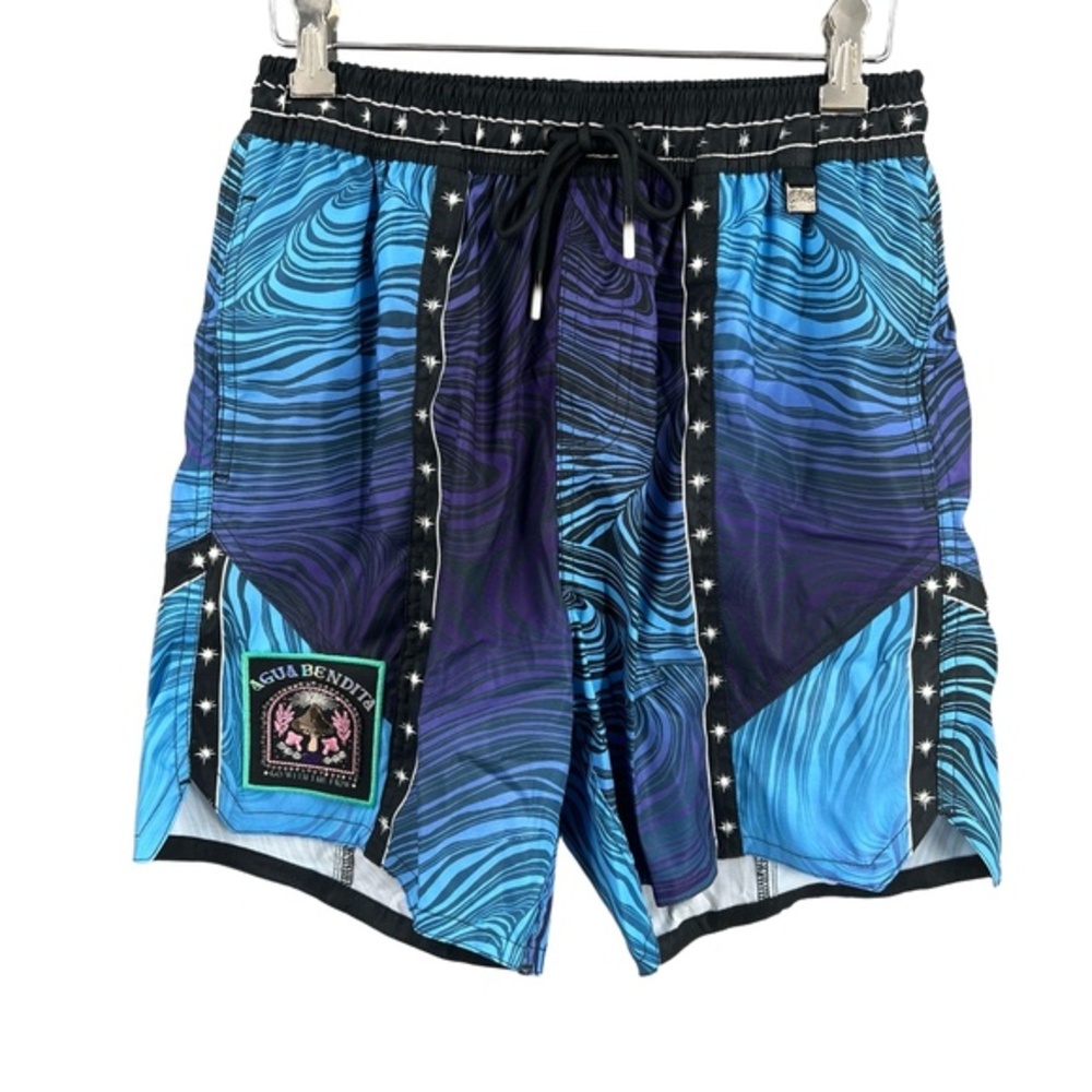 Agua Bendita Mens Swim Trunks Blue Purple Wave Print Star Tape Isaac Eter 38 New